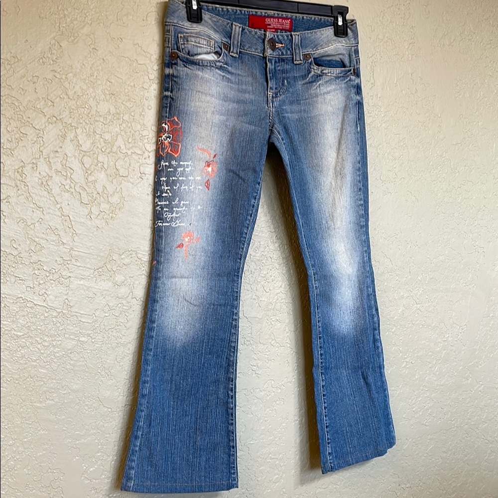 Guess Blue Flare Jeans with Red Floral Detail